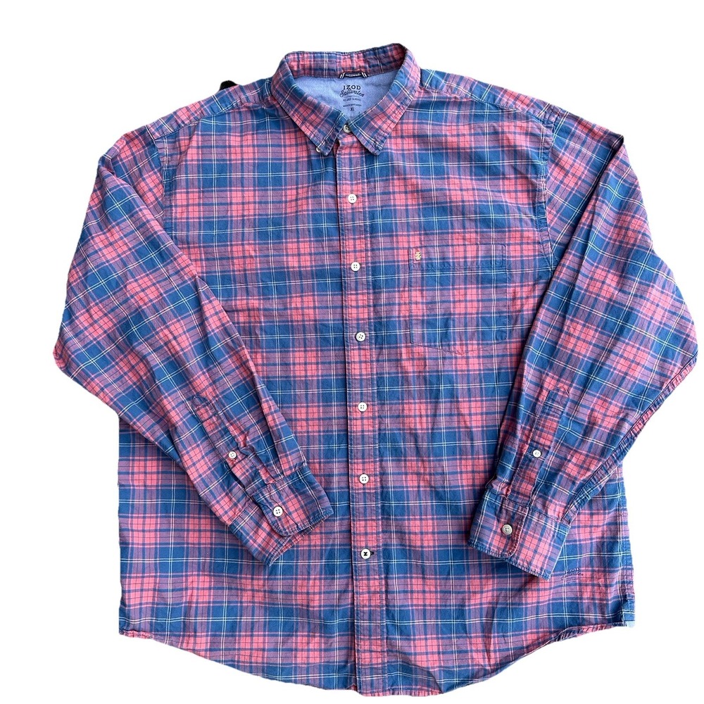 IZOD Saltwater Mens Blue/salmon XL Plaid Cotton Long Sleeve Button-up Shirt
